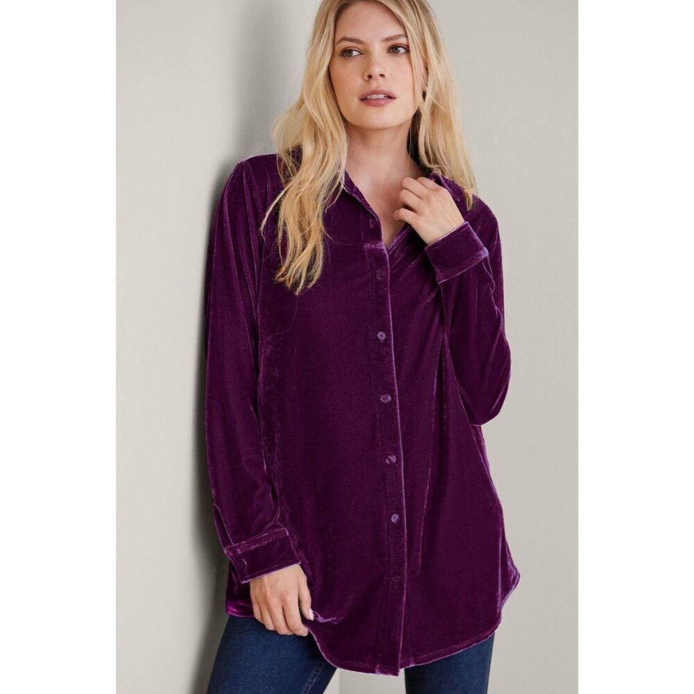 Soft Surroundings Womens Top S Purple Velvet Boyfriend Tunic Shirt 29695 NWT